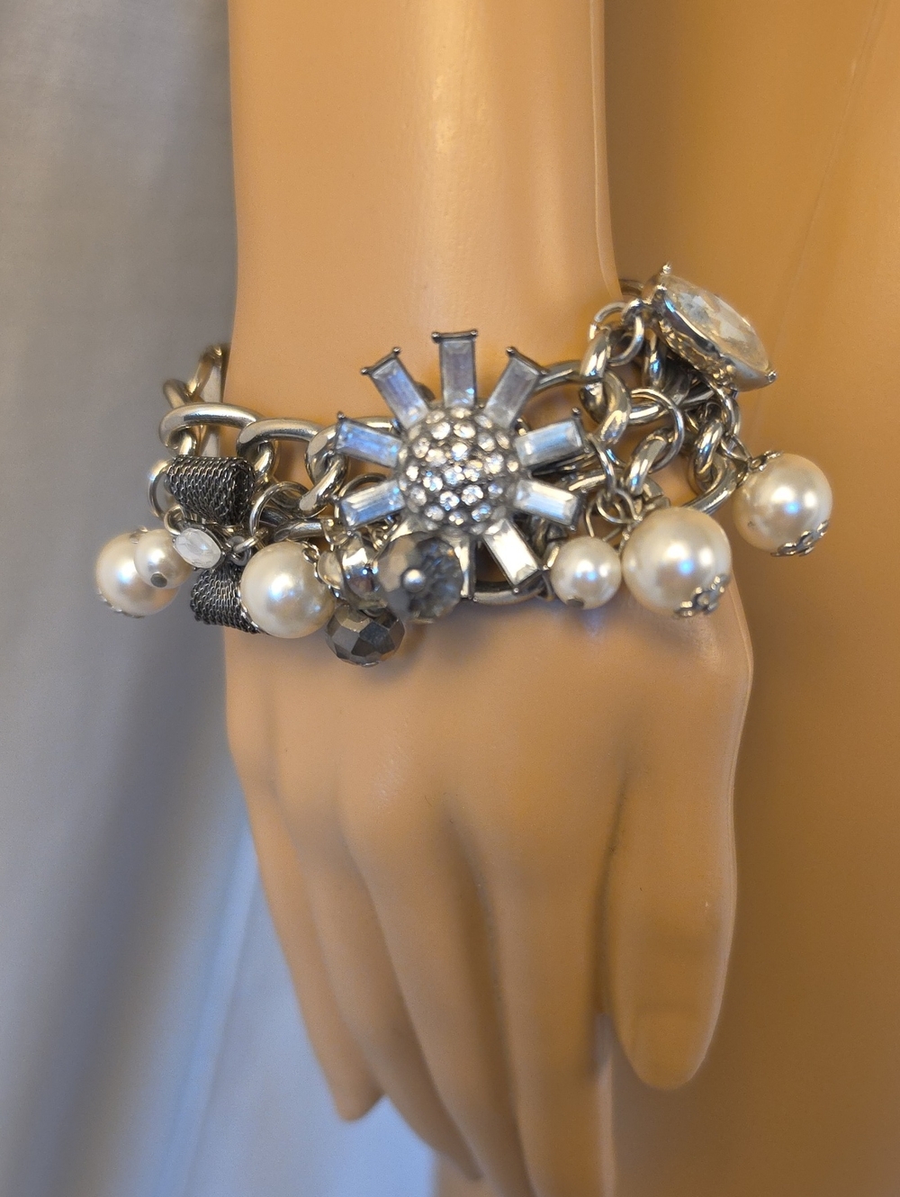 Betsey Johnson Silver Tone Bracelet with White Pearls and Clear Crystal Flower